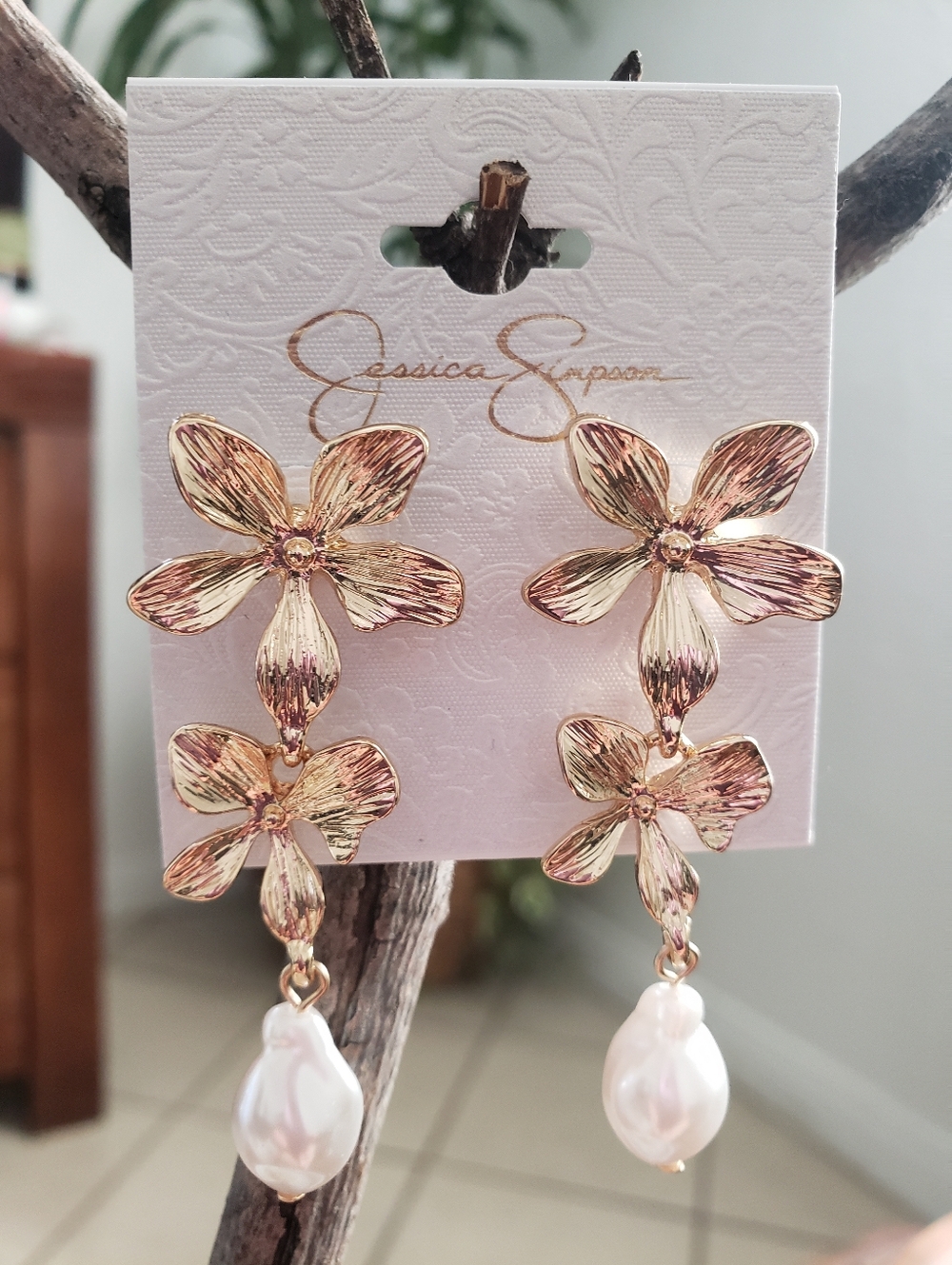 Jessica Simpson Gold Flower Pearl Drop Earrings